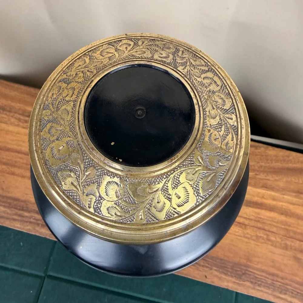Vintage Black Metal Cremation Urn Silver Cross and Brass Band 12.5in Halloween